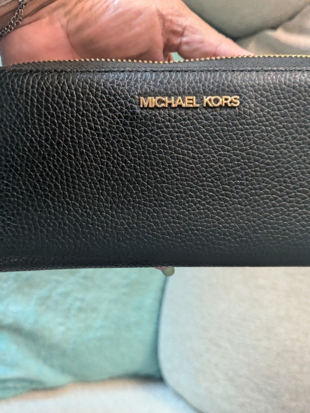 Michael Kors Black Pebbled Leather Zip-Around Wallet with Gold Logo